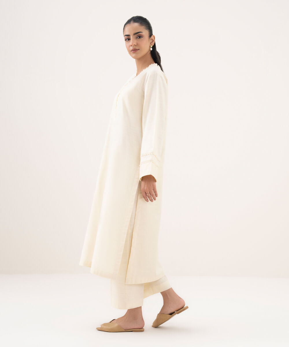 Women's RTW Khaddar Embroidered A-Line Off White Shirt