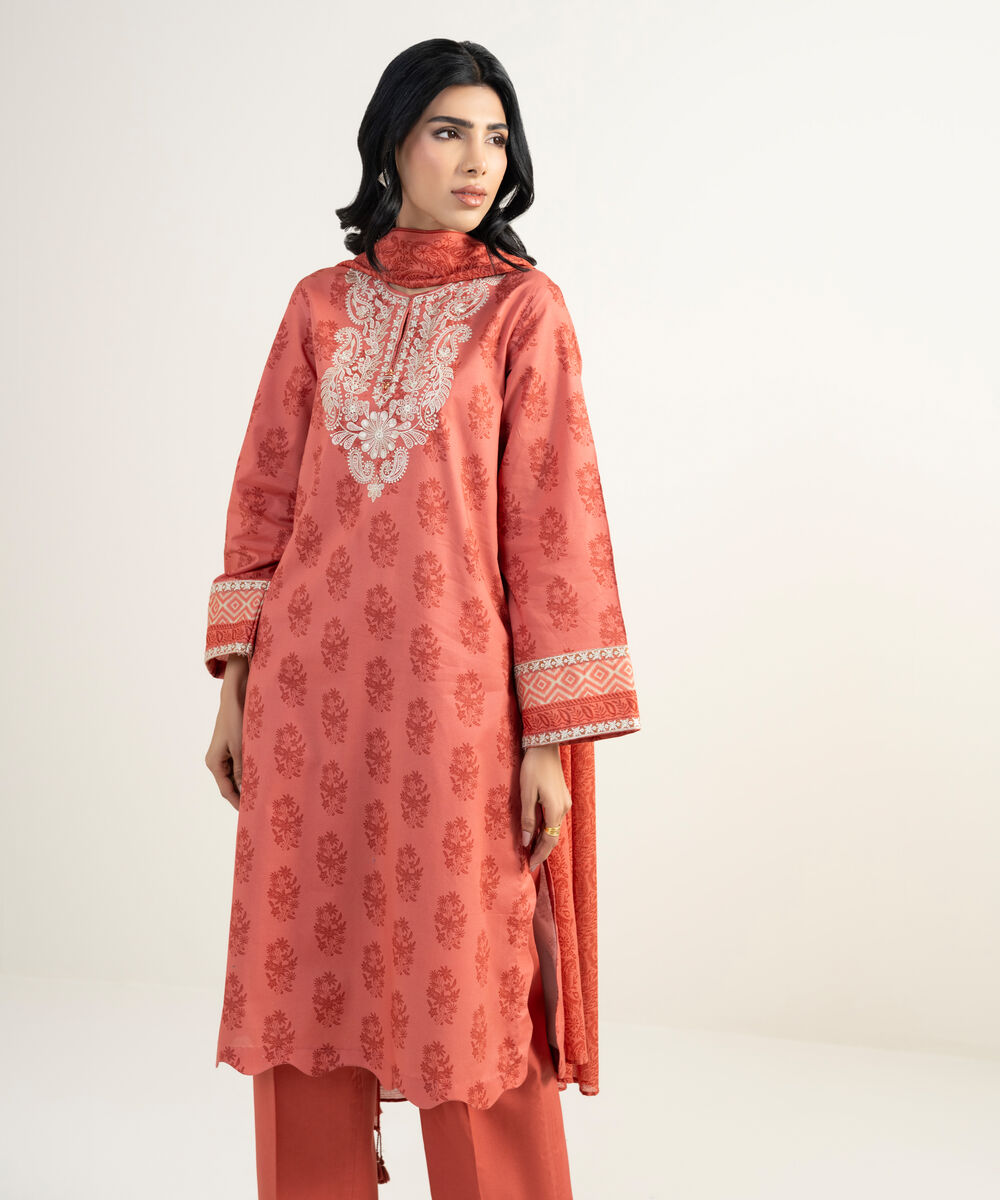 Women's Unstitched Lawn Embroidered Red 3 Piece Suit
