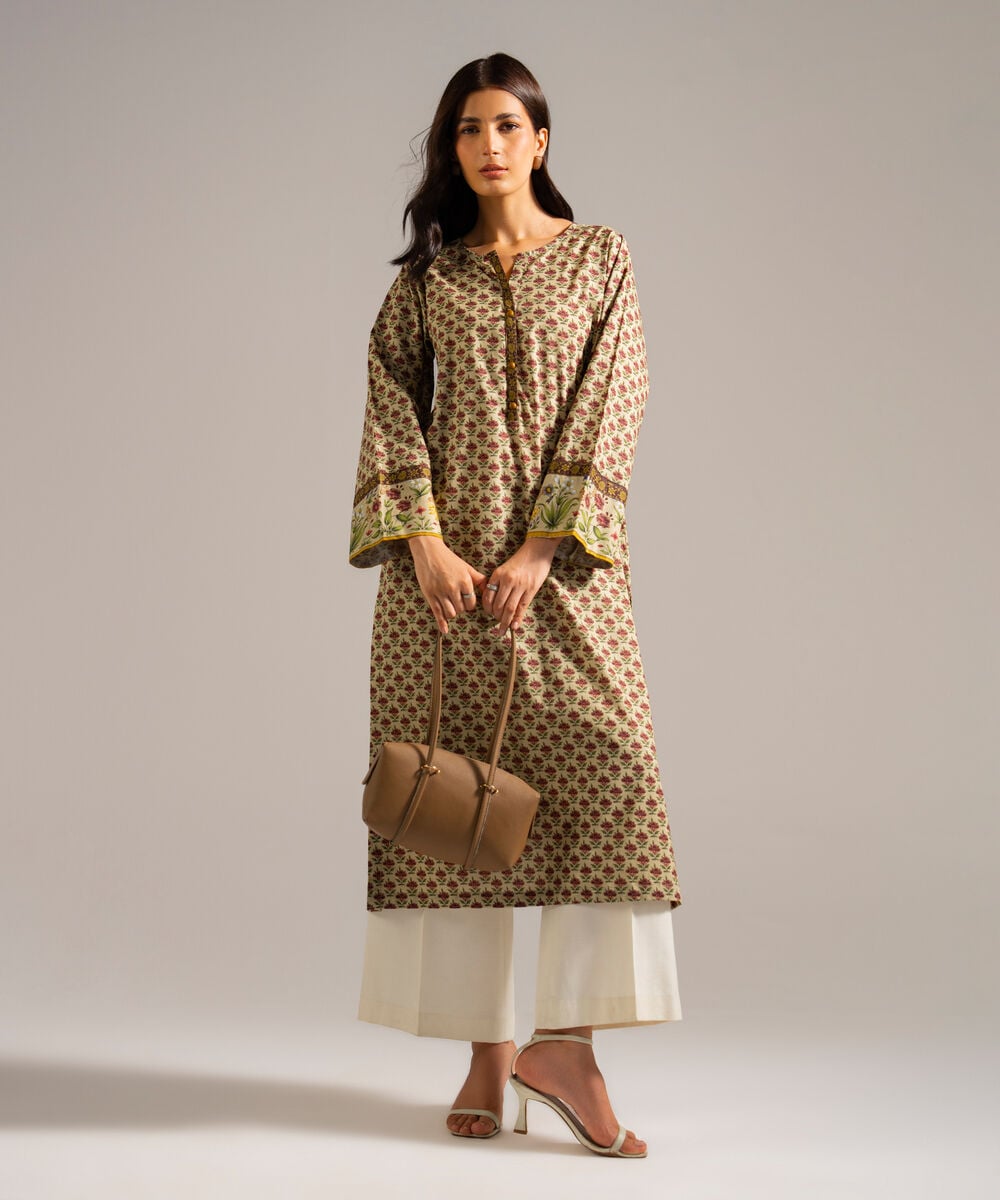 Women's RTW Lawn Printed Green Straight Shirt