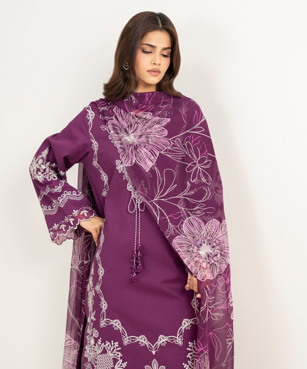 Women's Unstitched Textured Lawn Embroidered Purple 3 Piece Suit