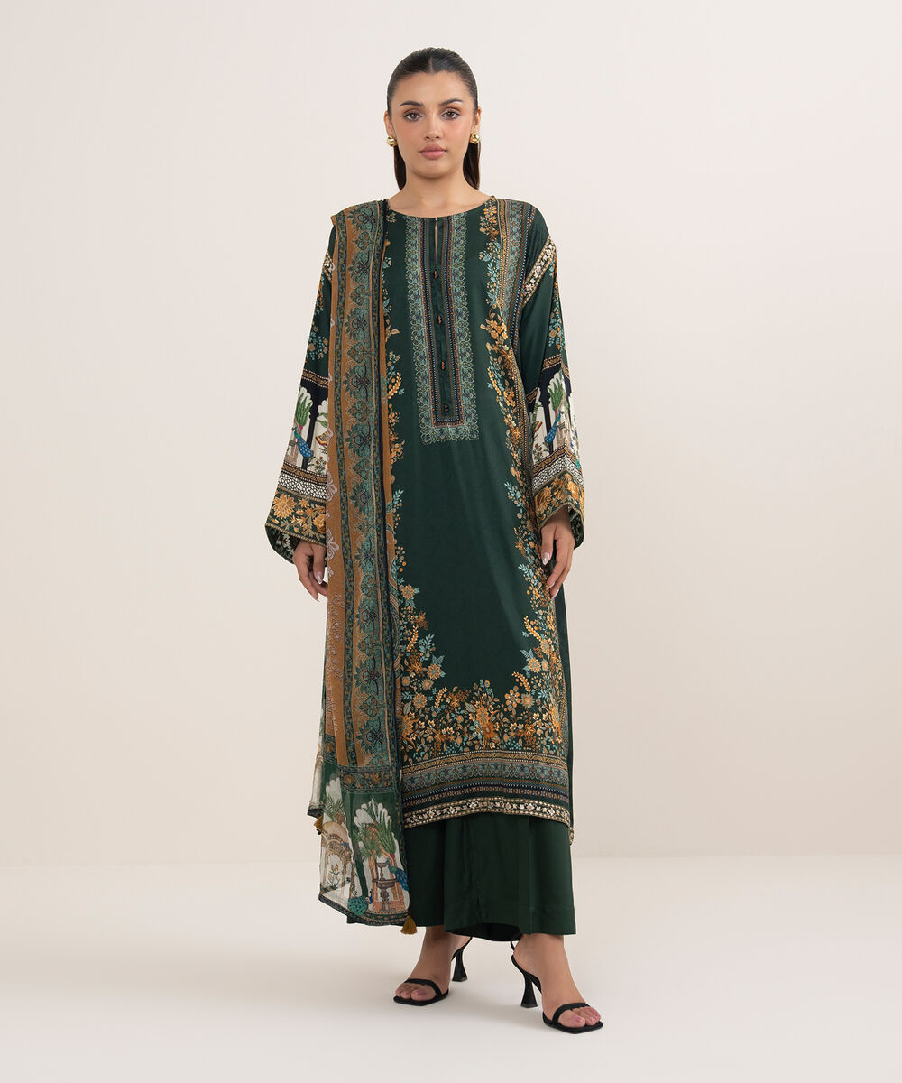 Women's RTW Arabic Lawn Green Printed Drop Shoulder Shirt