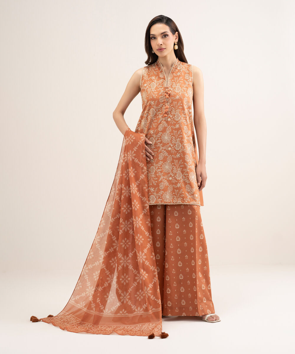 Women's Unstitched Dobby Embroidered Orange 3 Piece Suit