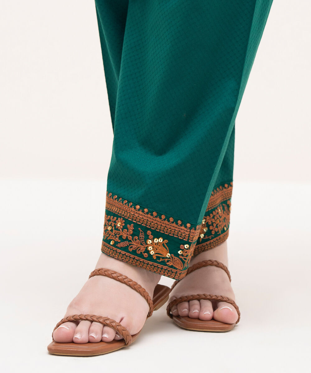 Women's RTW Textured Lawn Green Embroidered Shalwar