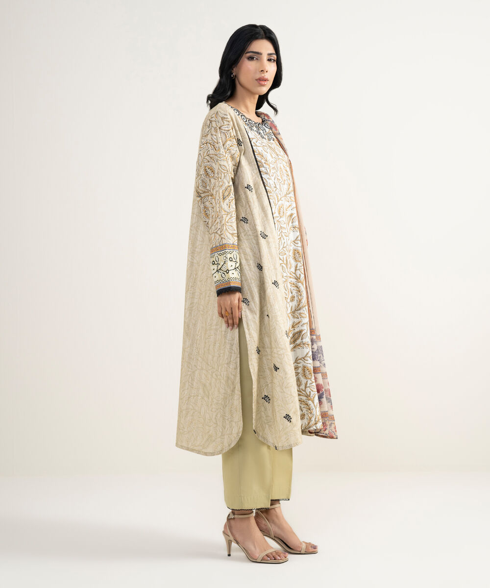 Women's RTW Dobby Embroidered Beige 3 Piece Suit