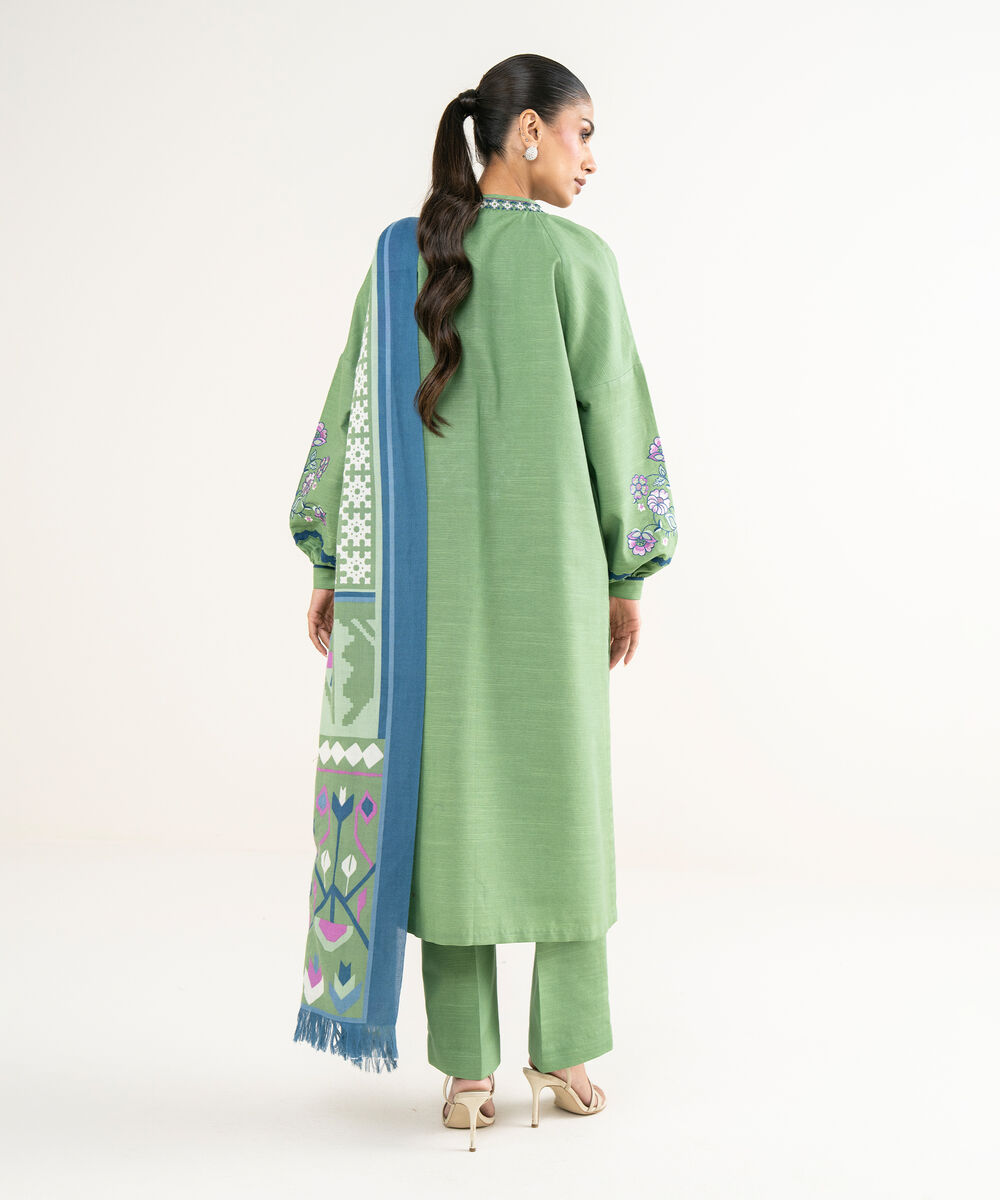 Women's Unstitched Twill Embroidered Green  3 Piece Suit