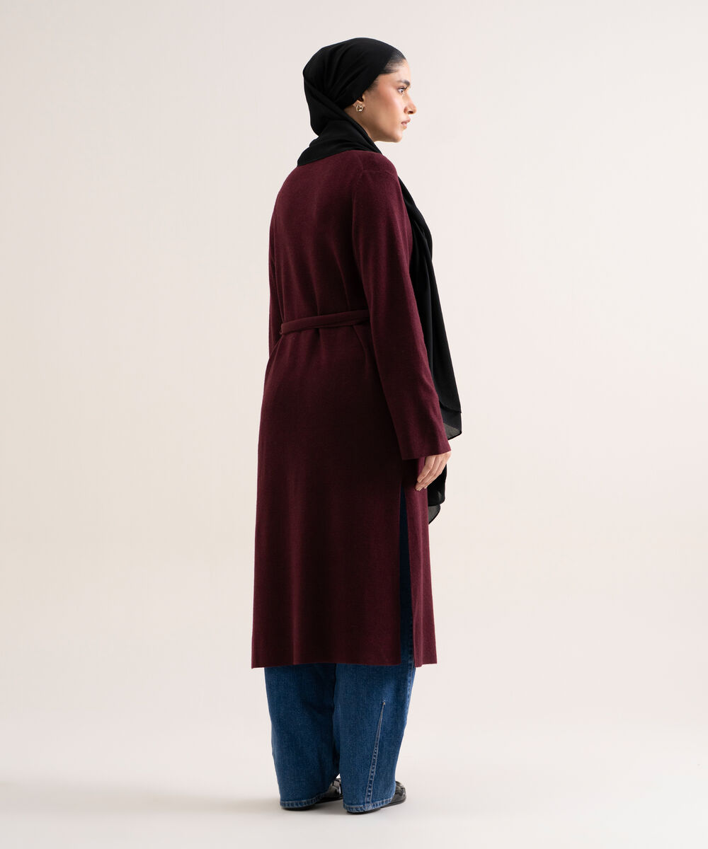 Women's Burgundy Solid Sweater-Knit Abaya Set