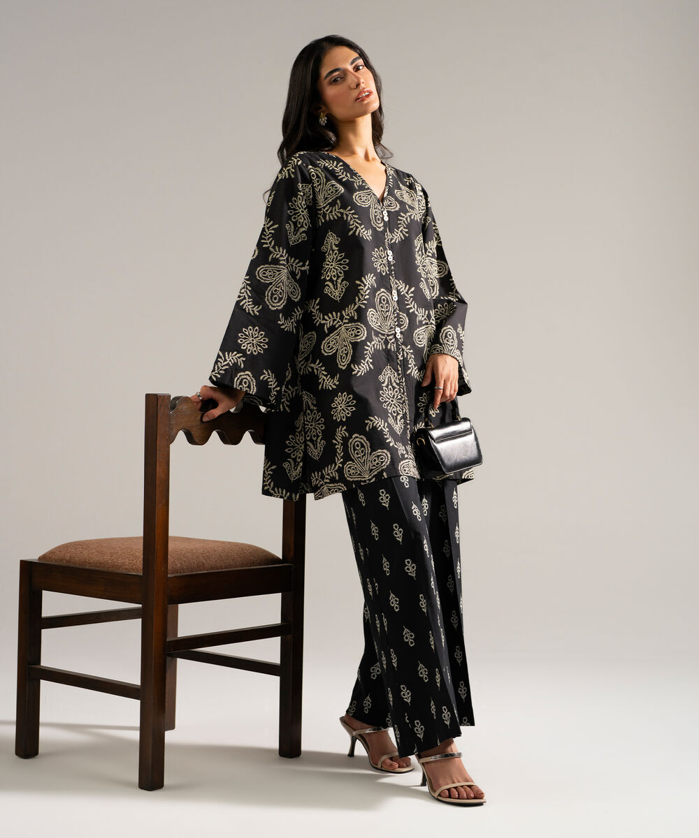 Women's RTW Slub Lawn Printed Black 2 Piece Suit