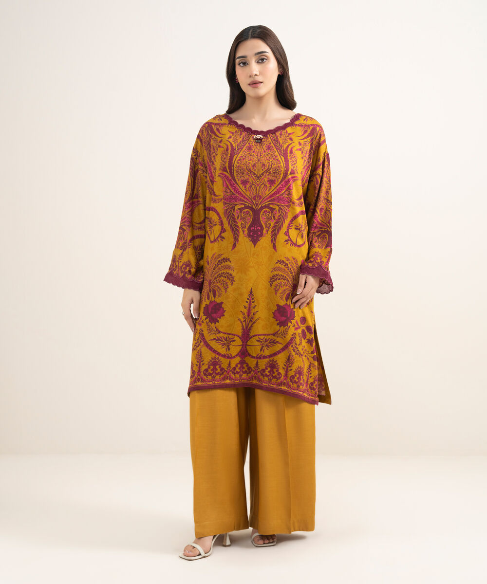 Women's RTW Premium Visocose Satin Embroidered Mustard Brown 2 Piece Suit