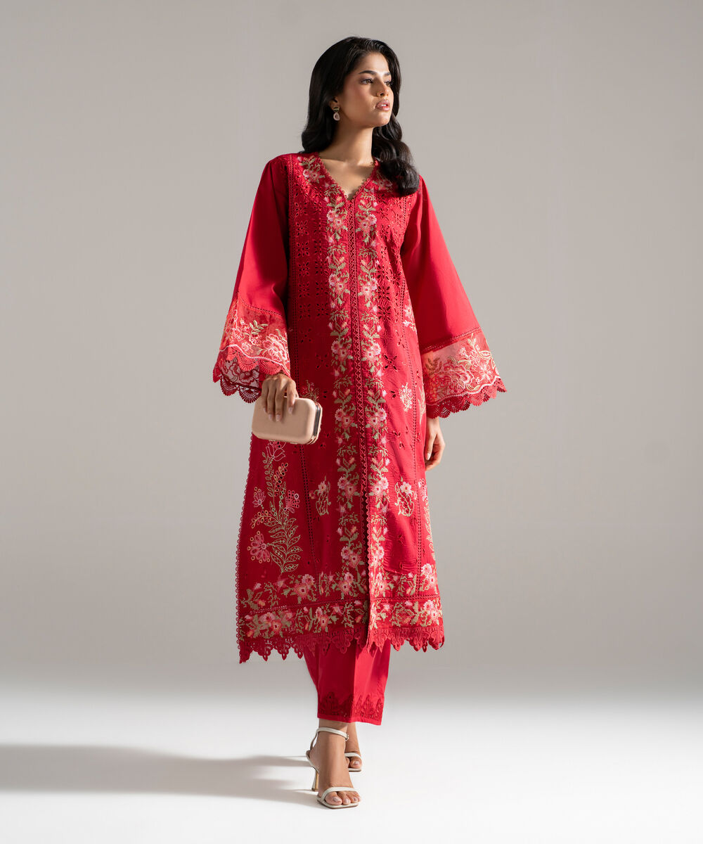 Women's RTW Lawn Embroidered Red 2 Piece Suit