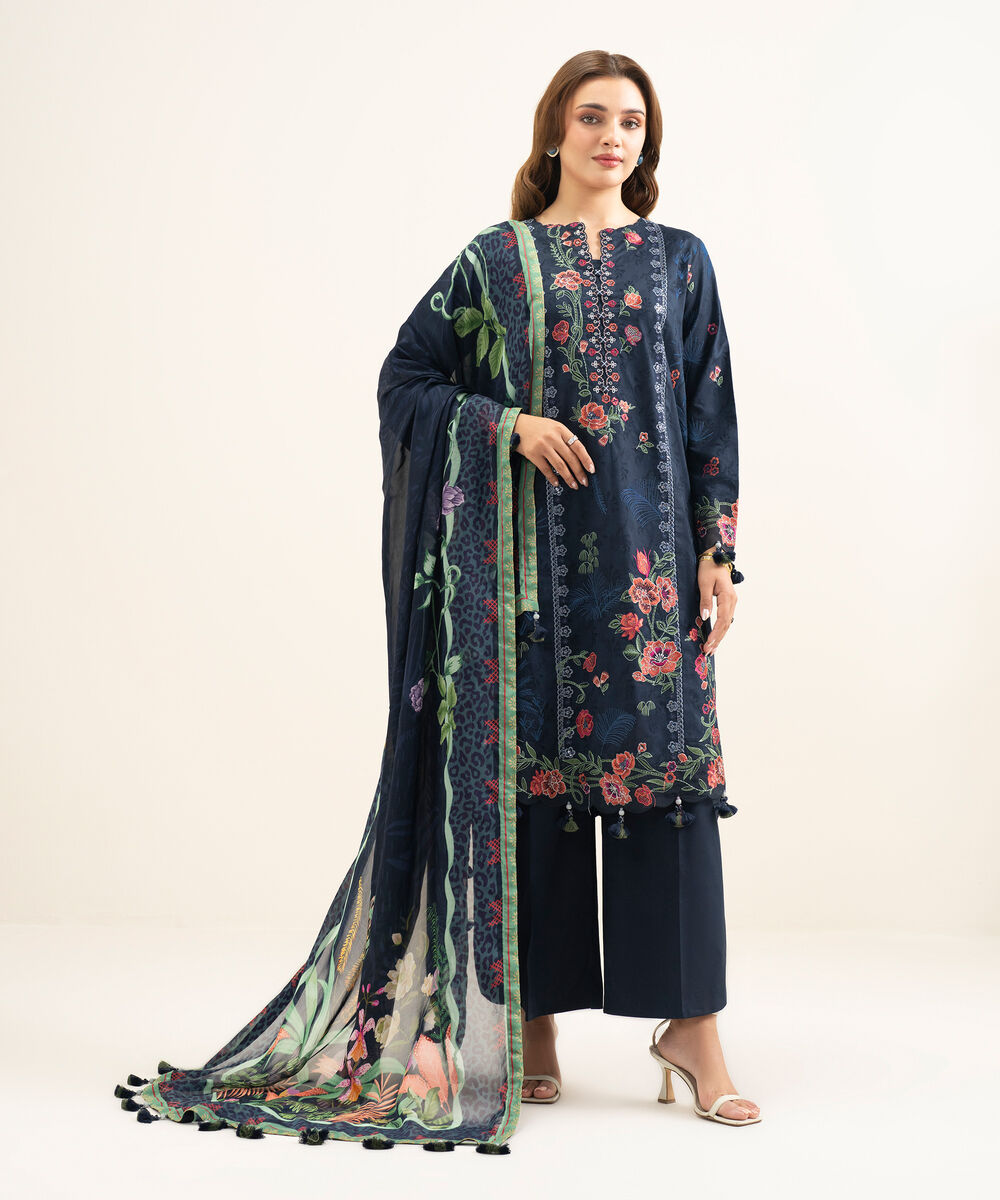 Women's Unstitched Cotton Jacquard Embroidered Blue 3 Piece Suit