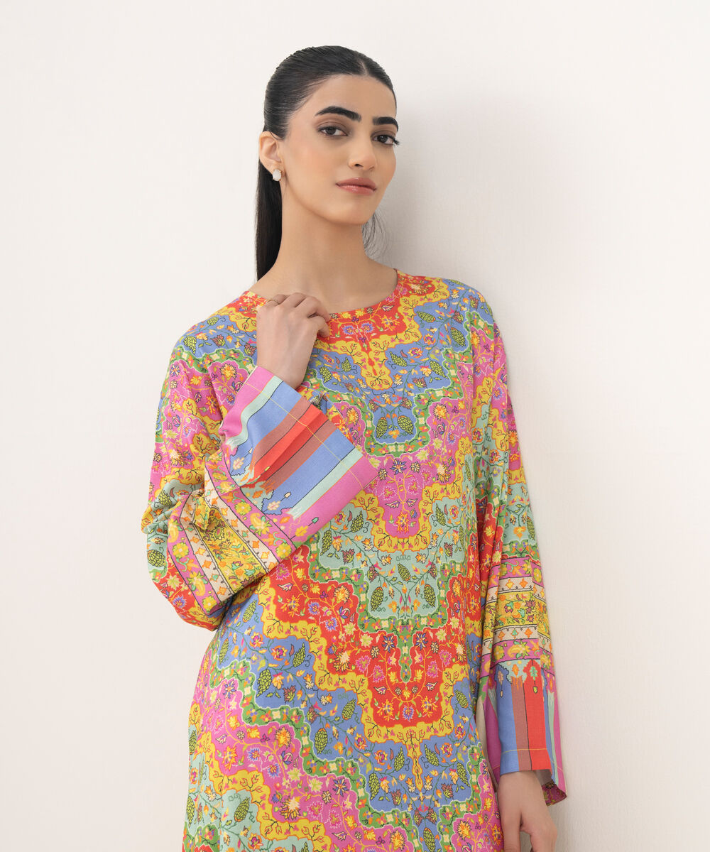 Women's RTW Viscose Linen Multi Printed Drop Shoulder Shirt