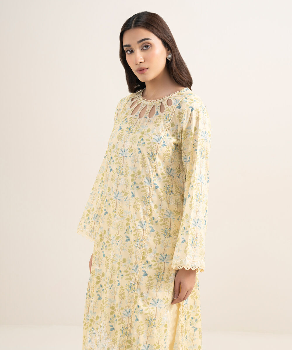 Women's RTW Lawn Embroidered Pale Yellow A-Line Shirt
