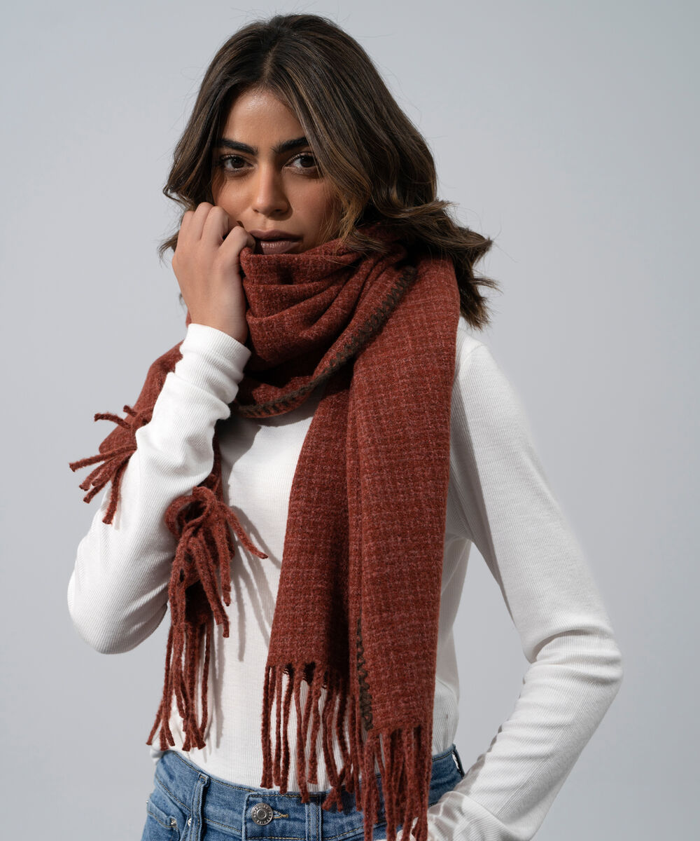 Women's Western Wear Rust Polyester Textured Woolen Scarf