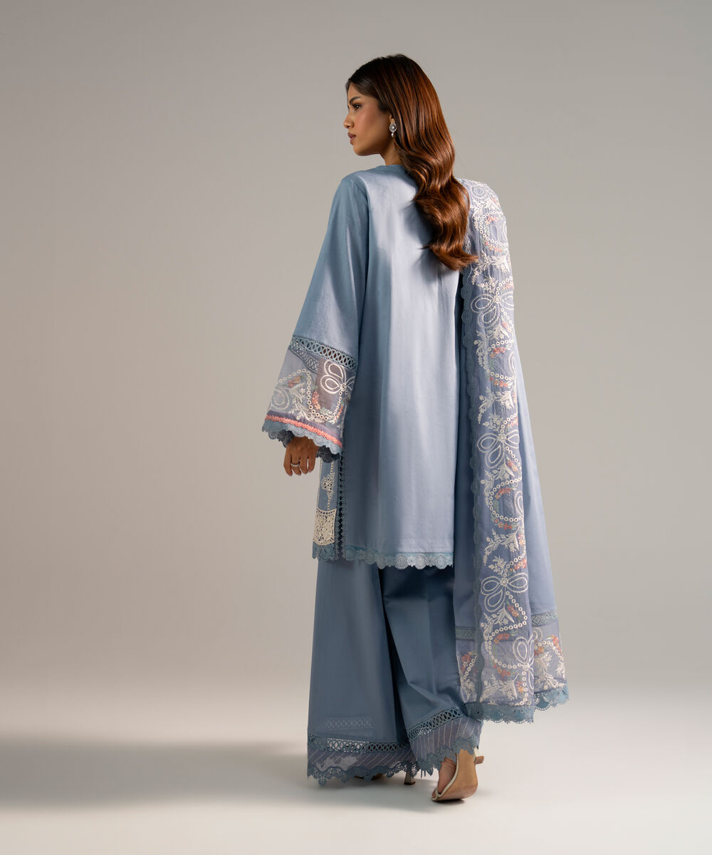 Women's RTW Self Jacquard Embroidered Steel Blue 2 Piece Suit