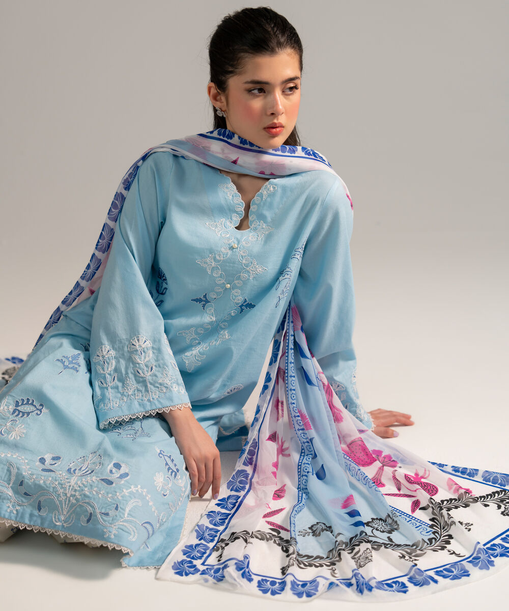 Women's RTW Dobby Embroidered Light Blue 3 Piece Suit