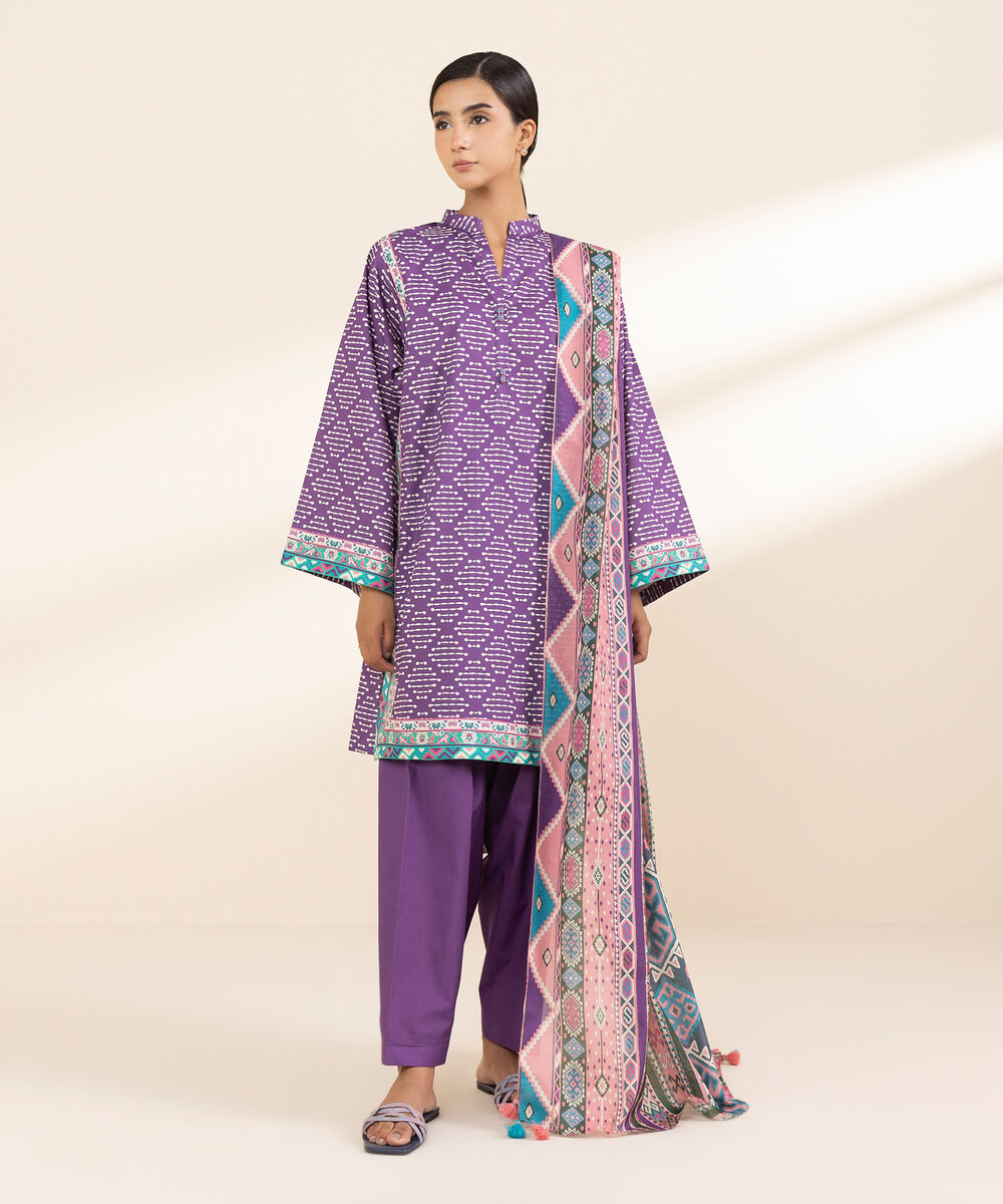 Women's Unstitched Lawn Printed Purple 3 Piece Suit
