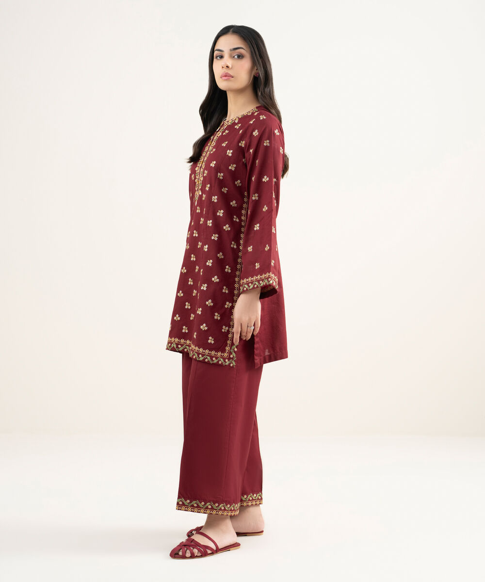 Women's RTW Dobby Embroidered Maroon Straight Shirt