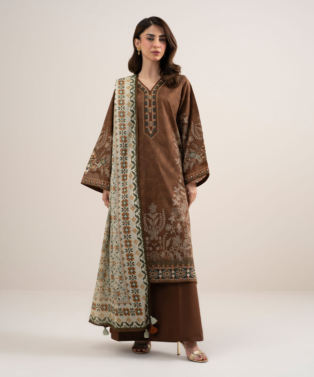Women's Unstitched Lawn Embroidered Brown 3 Piece Suit
