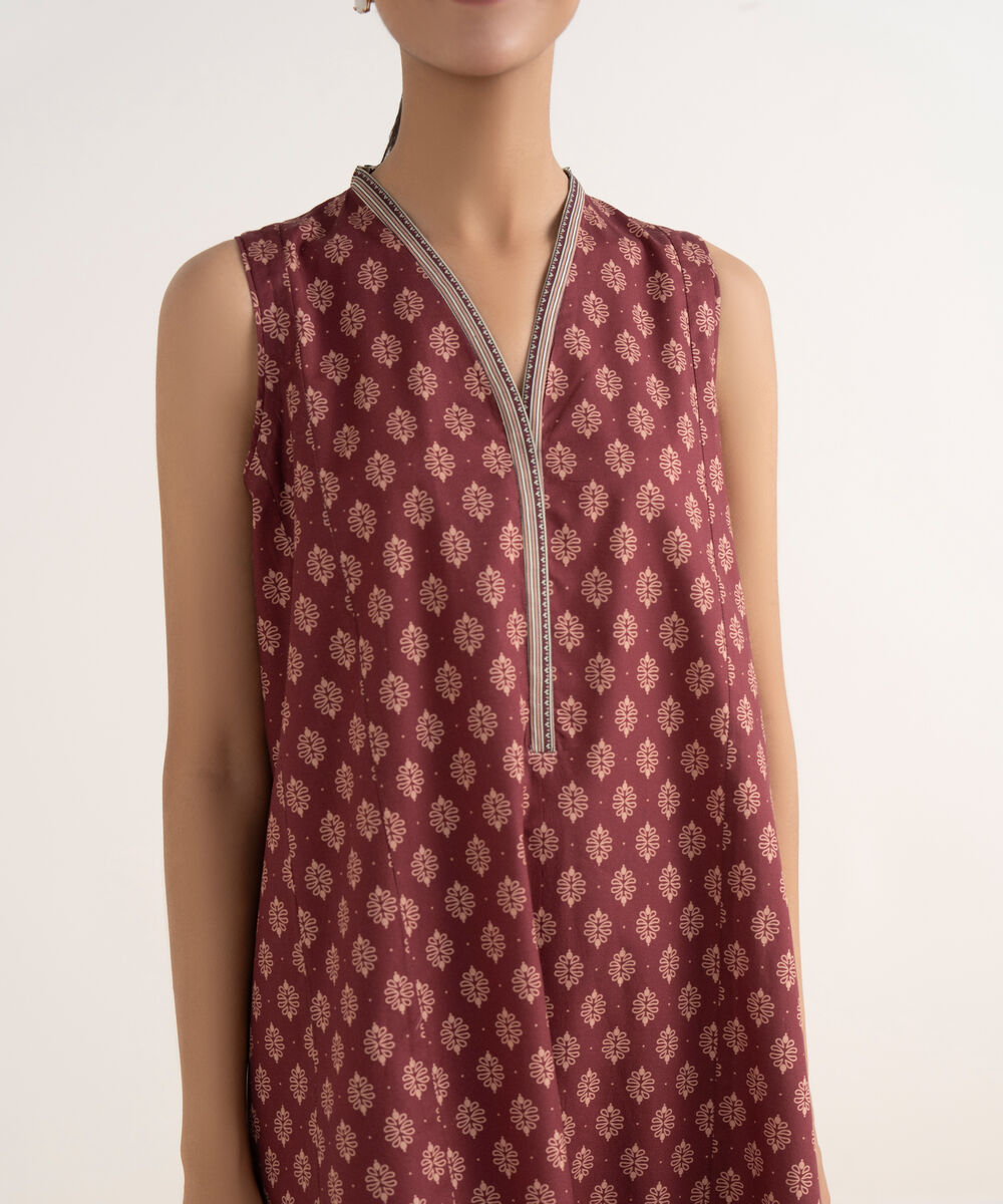 Women's Unstitched Cotton Printed Red Three Piece Suit