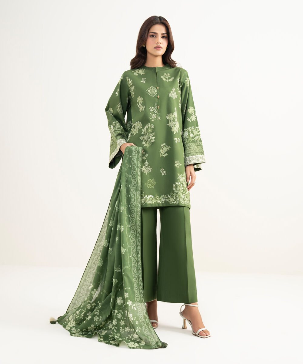 Women's Unstitched Lawn Printed Green 3 Piece Suit