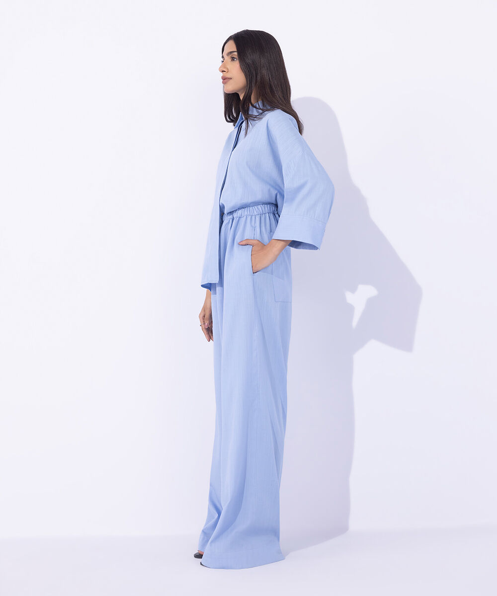 Women's Western Wear Blue Textured Pull On Trousers