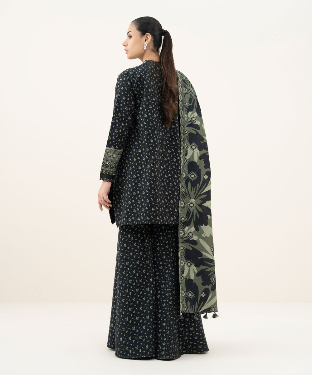 Women's Unstitched Printed Khaddar Black and Off White 3 Piece Suit