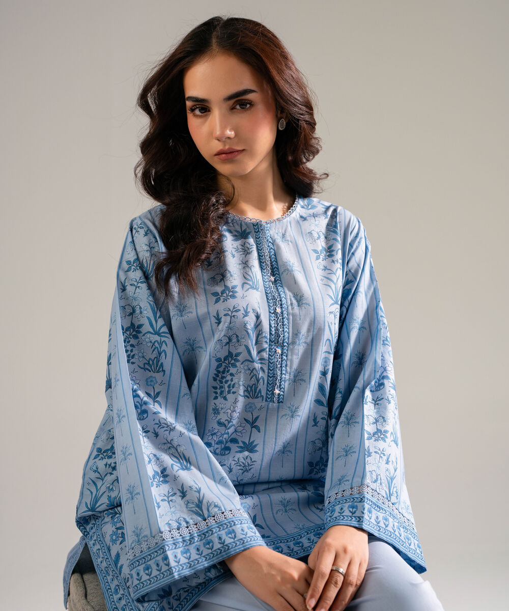 Women's RTW Slub Lawn Printed Blue Straight Shirt