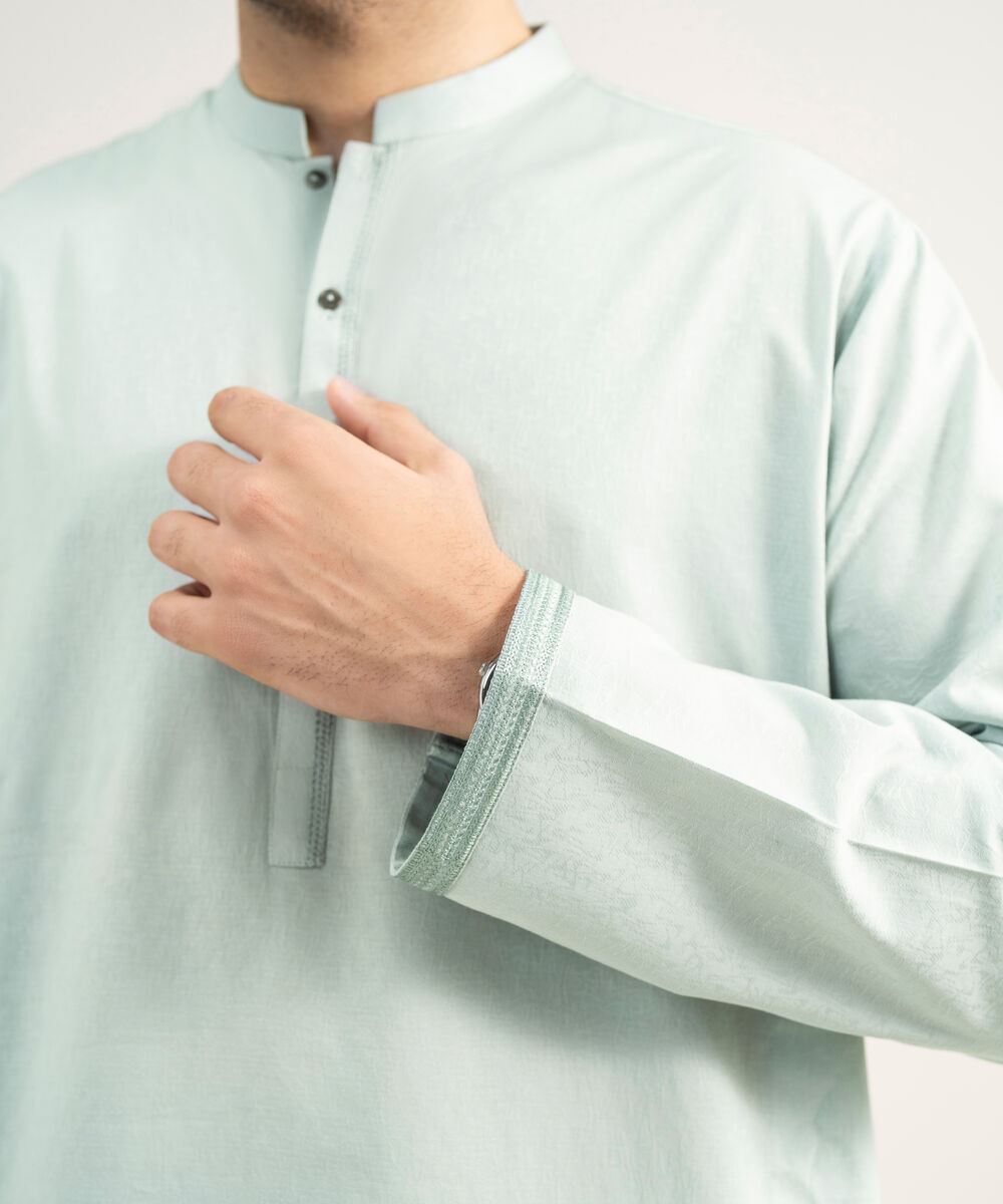 Men's Stitched Cotton Jacquard Aqua Kurta