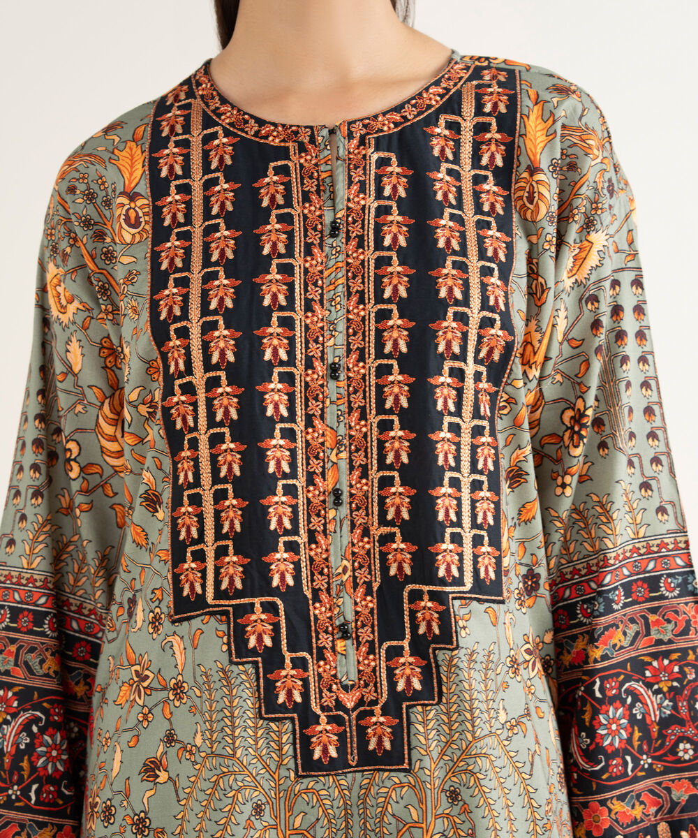 Women's RTW Linen Viscose Embroidered Green Drop Shoulder Shirt