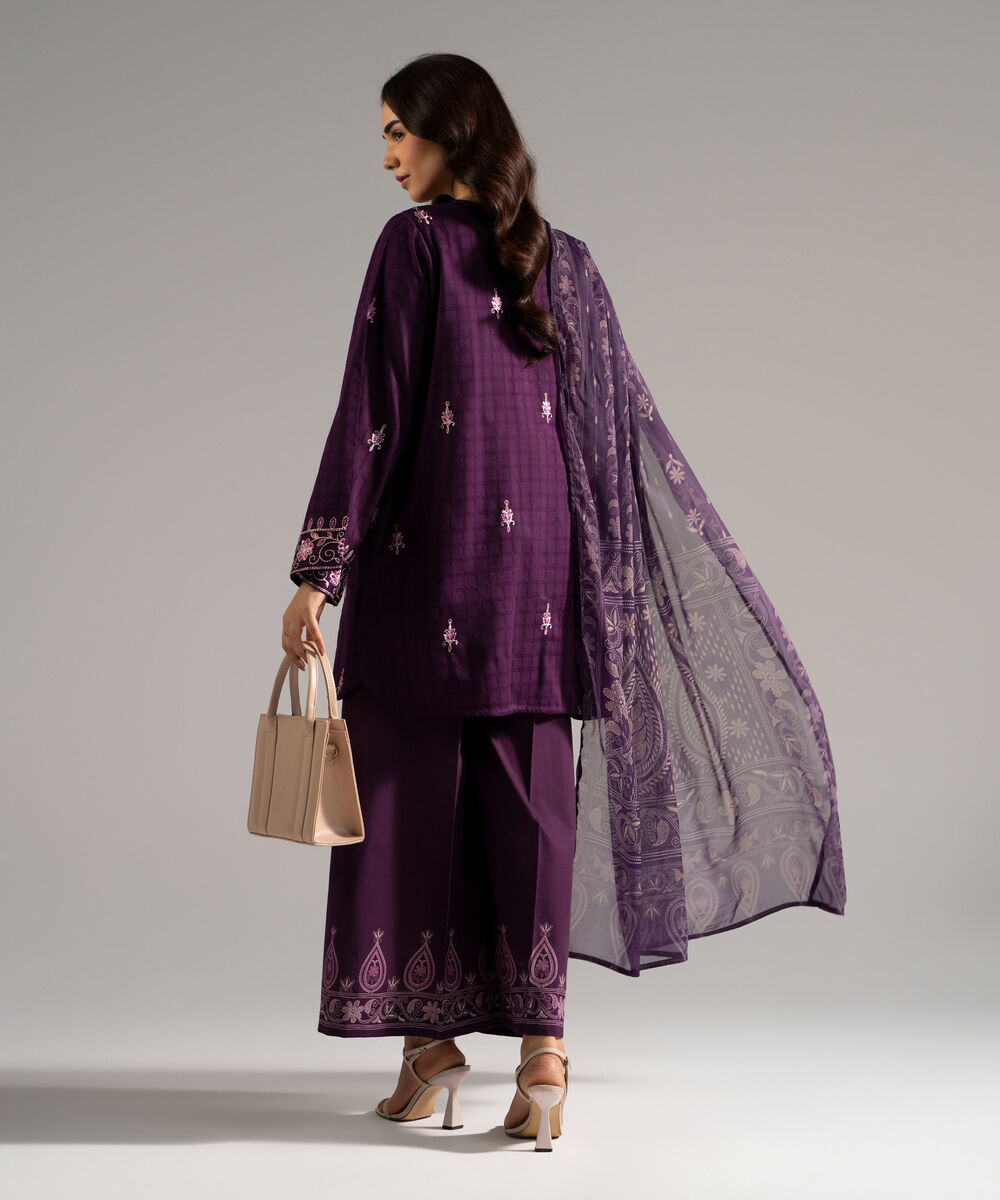 Women's RTW Dobby Embroidered Purple 3 Piece Suit