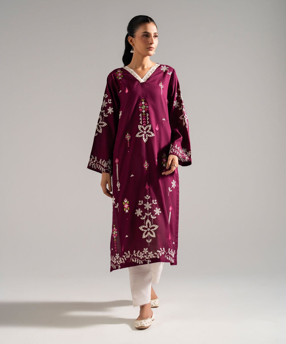 Women's RTW Dobby Embroidered Pink A-Line Shirt