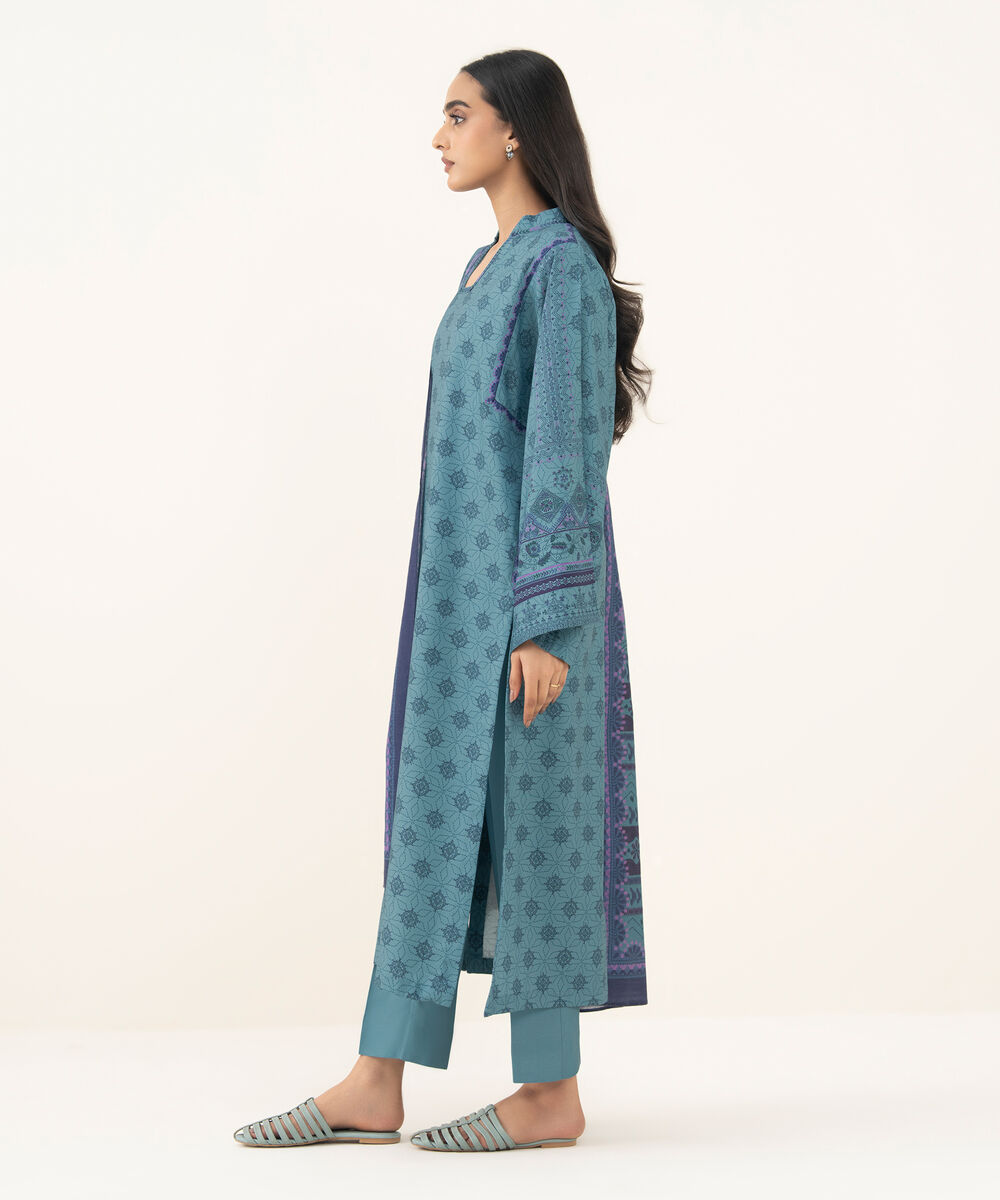 Women's Unstitched Printed Linen Blue 3 Piece Suit