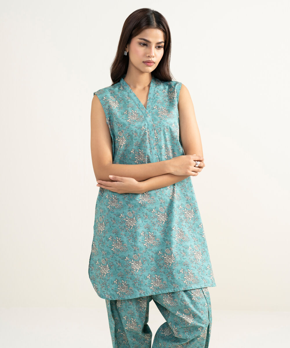 Women's RTW Cambric Printed Blue Straight Shirt