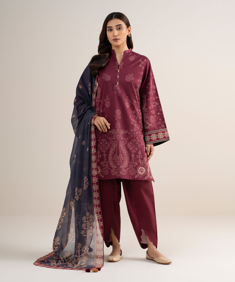 Women's Unstitched Lawn Printed Red 3 Piece Suit