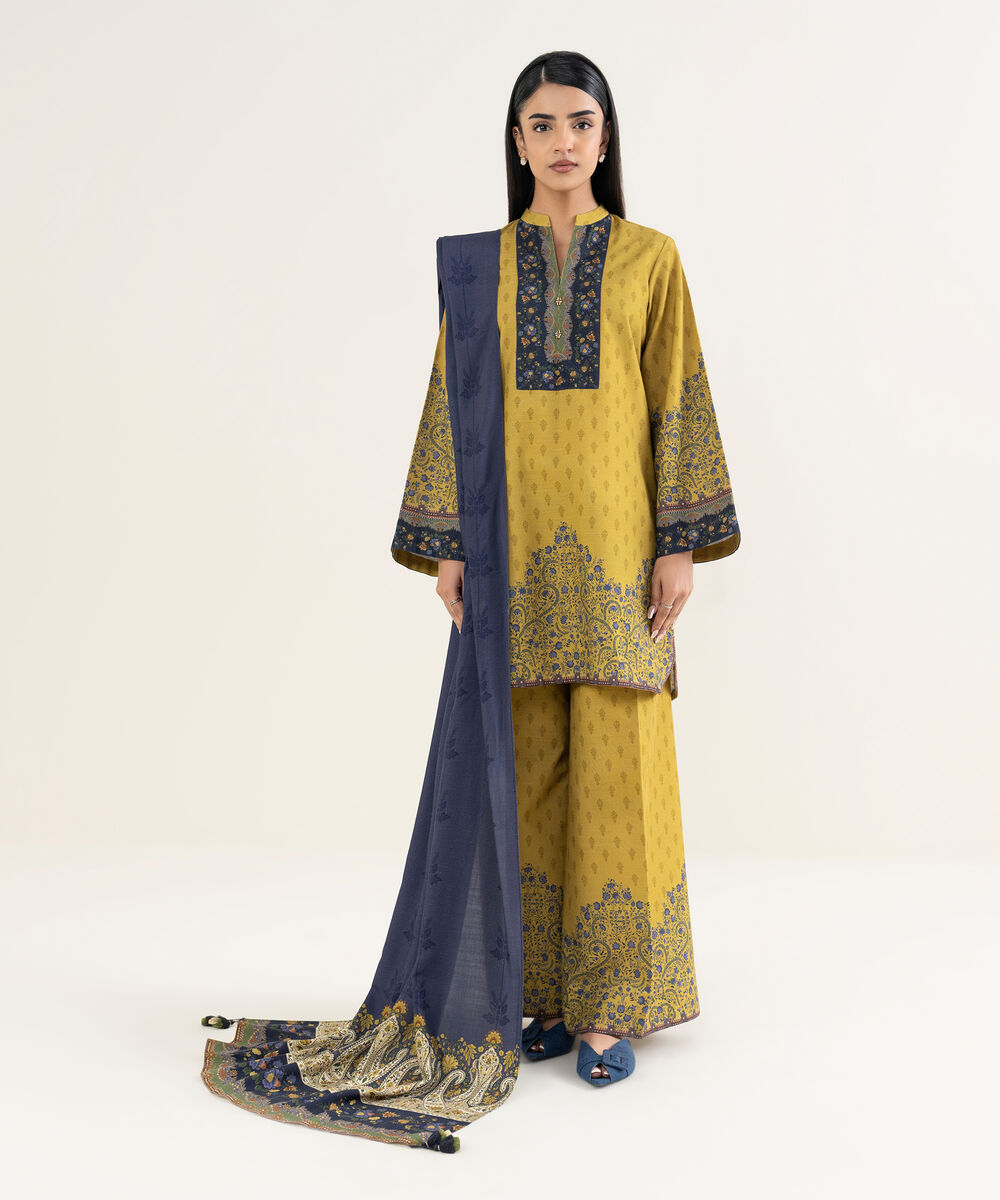 Women's Unstitched Printed Light Khaddar Mustard 3 Piece Suit