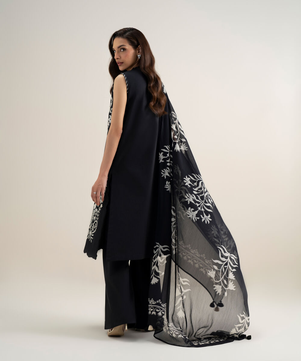 Women's Unstitched Textured Lawn Embroidered Black 3 Piece Suit