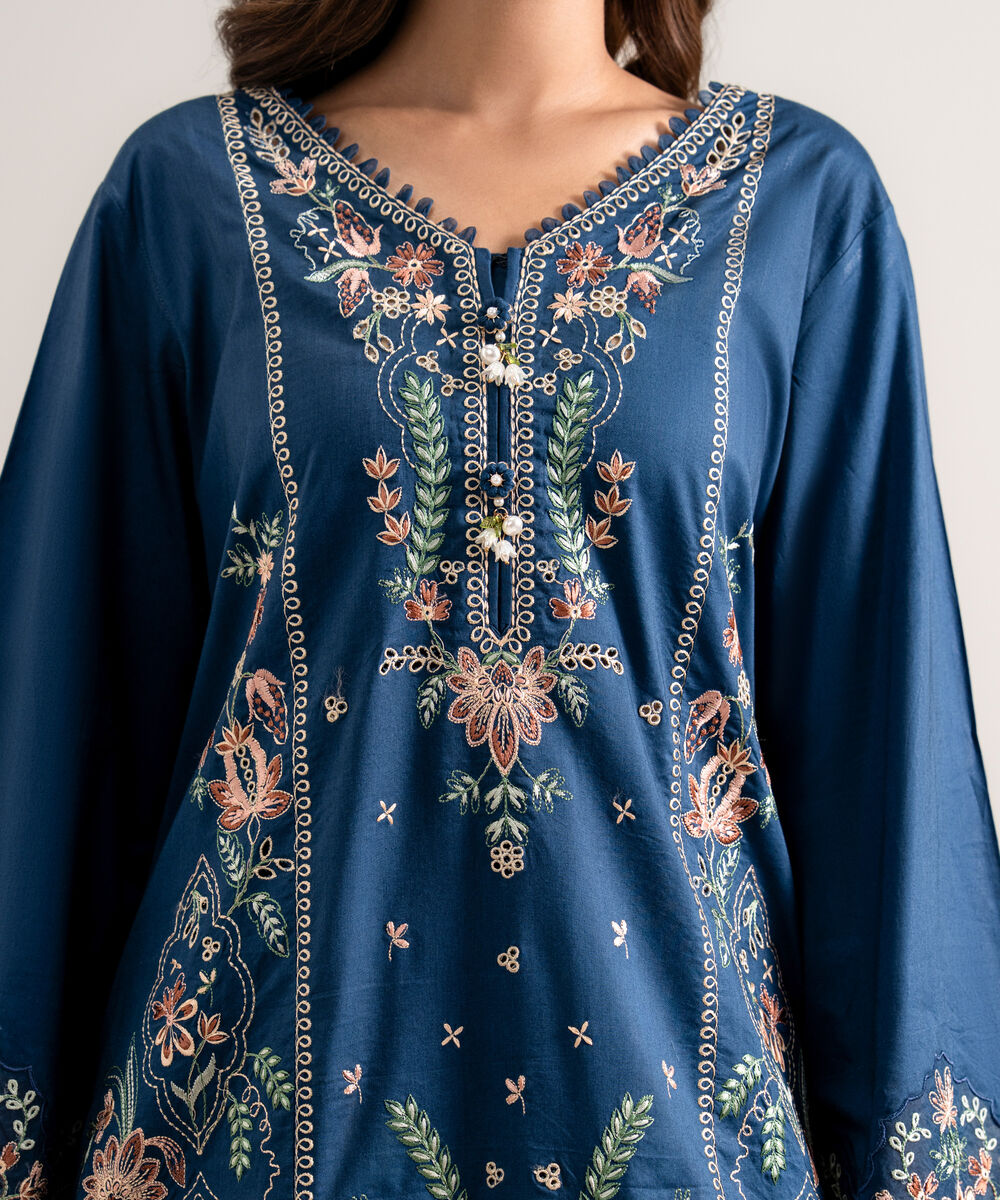 Women's Unstitched Embroidered Cotton Viscose Blue 3 Piece Suit