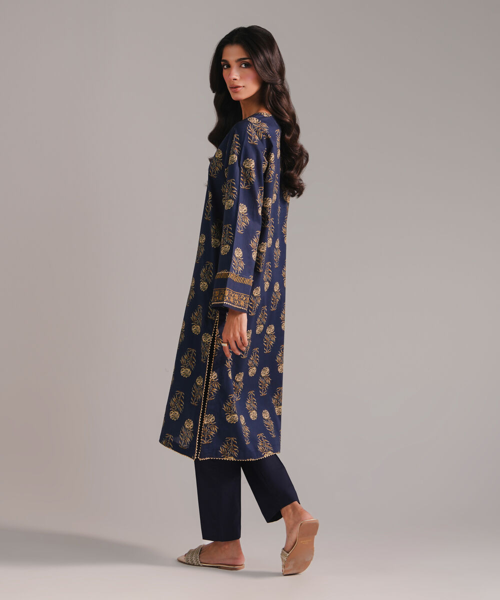 Women's RTW Textured Cotton Printed Dark Blue Straight Shirt