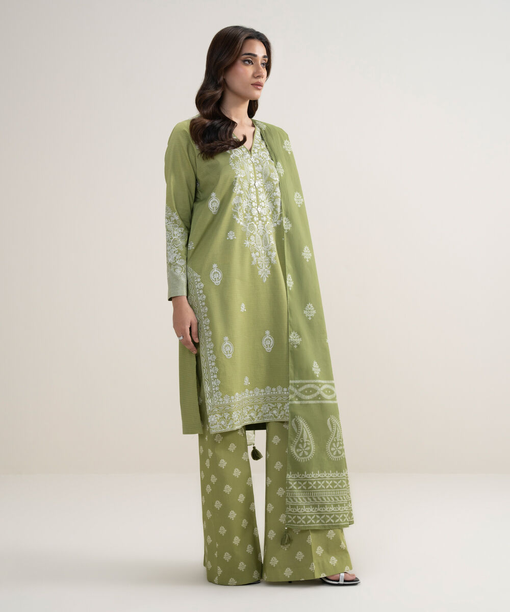 Women's Unstitched Dobby Embroidered Green 3 Piece Suit