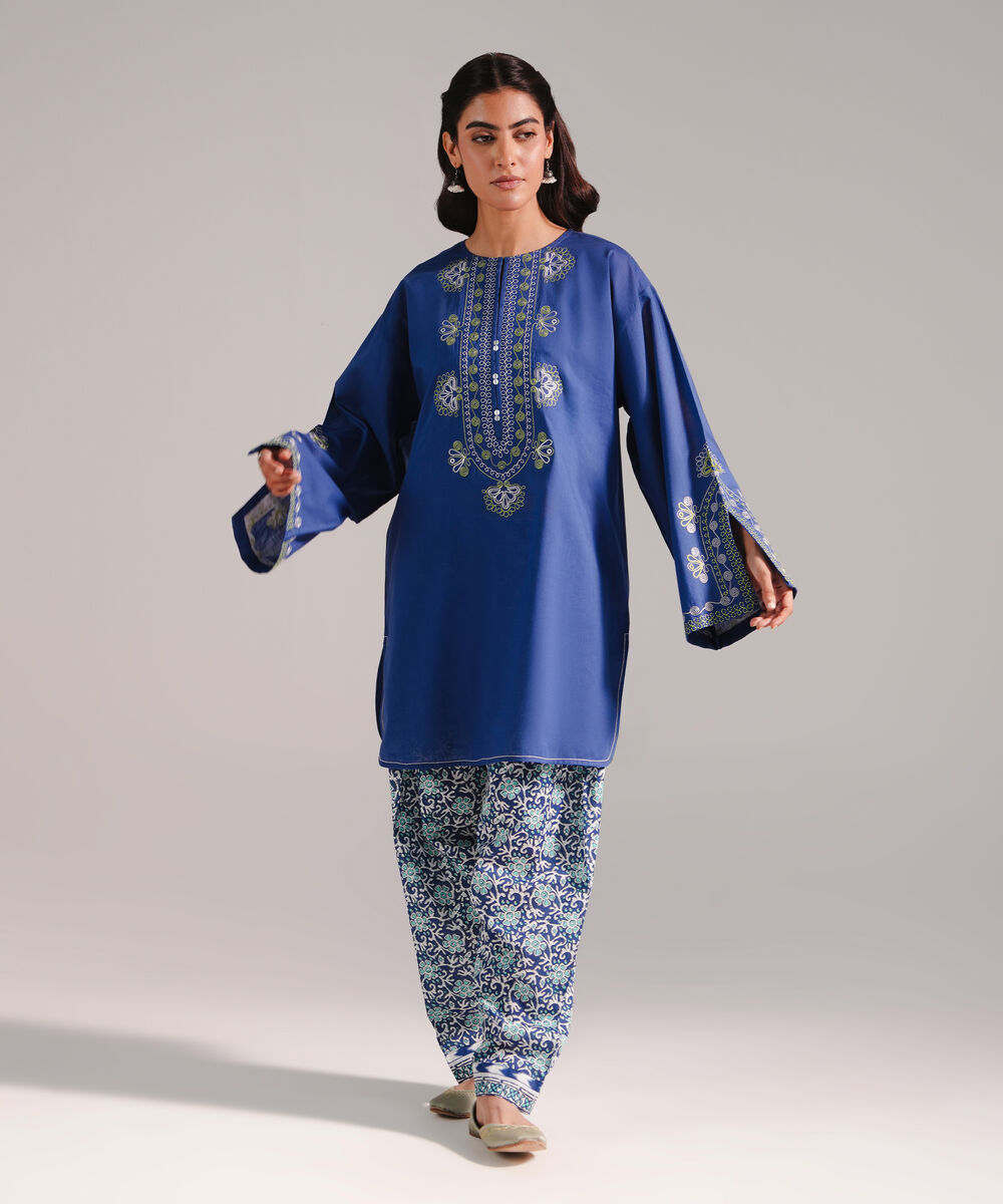 Women's RTW Crosshatch Embroidered Dark Blue Straight Shirt