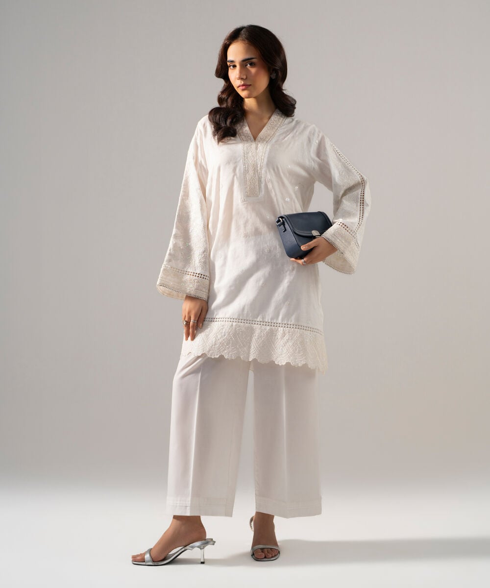Women's RTW Self Jacquard Solid Embroidered Off White 2 Piece Suit