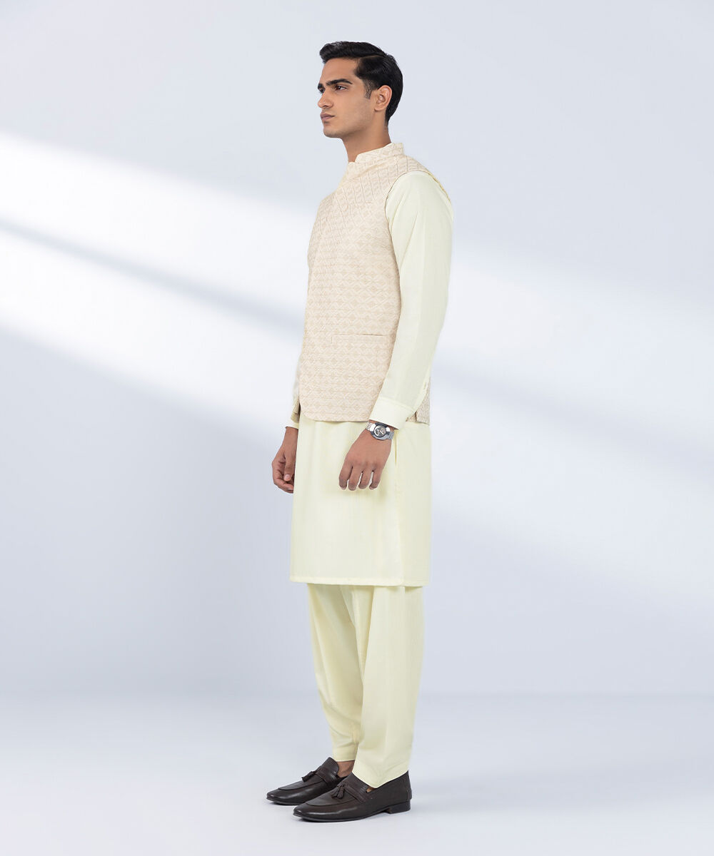 Men's Stitched Embroidered Off White Waistcoat