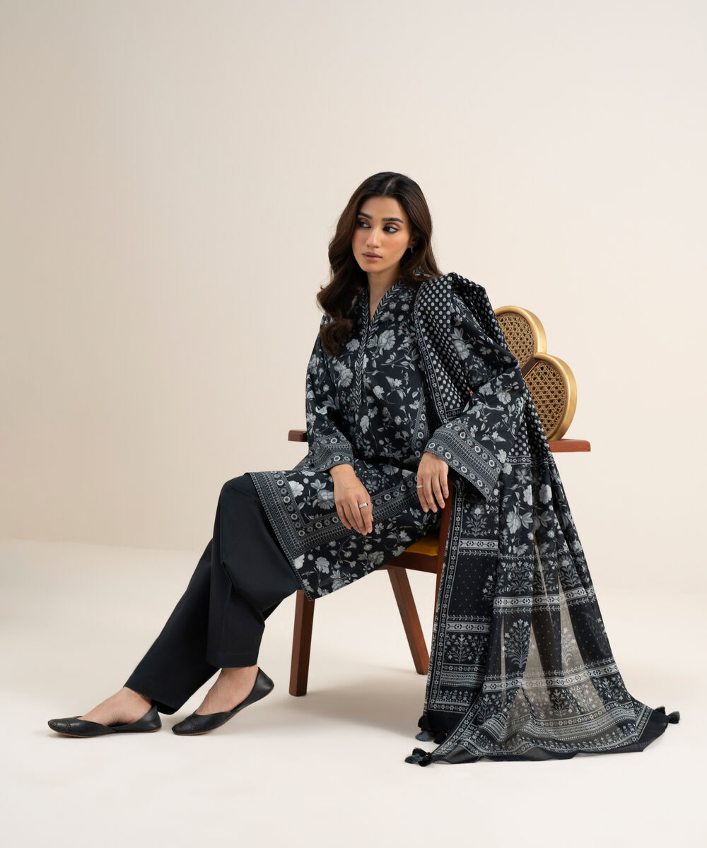 Women's Unstitched Lawn Printed Black 3 Piece Suit