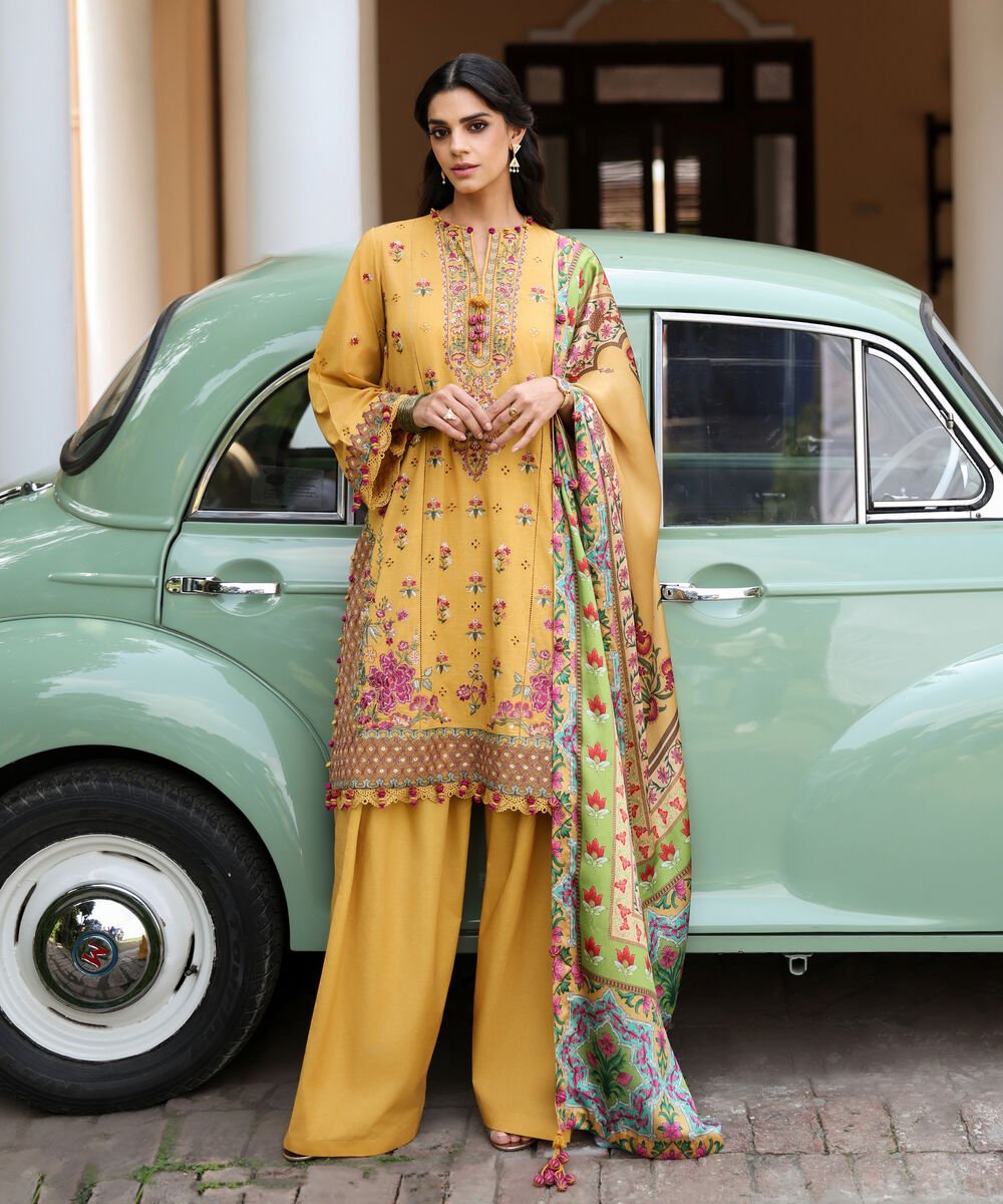 Women's Unstitched Textured Lawn Embroidered Yellow 3 Piece Suit
