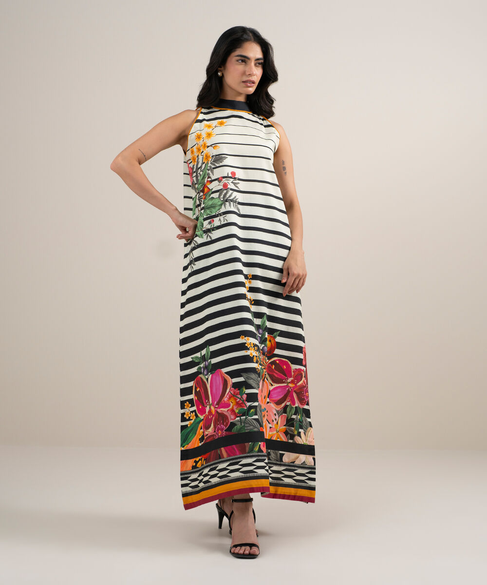 Women's Unstitched Lawn Printed White and  Black 2 Piece Suit