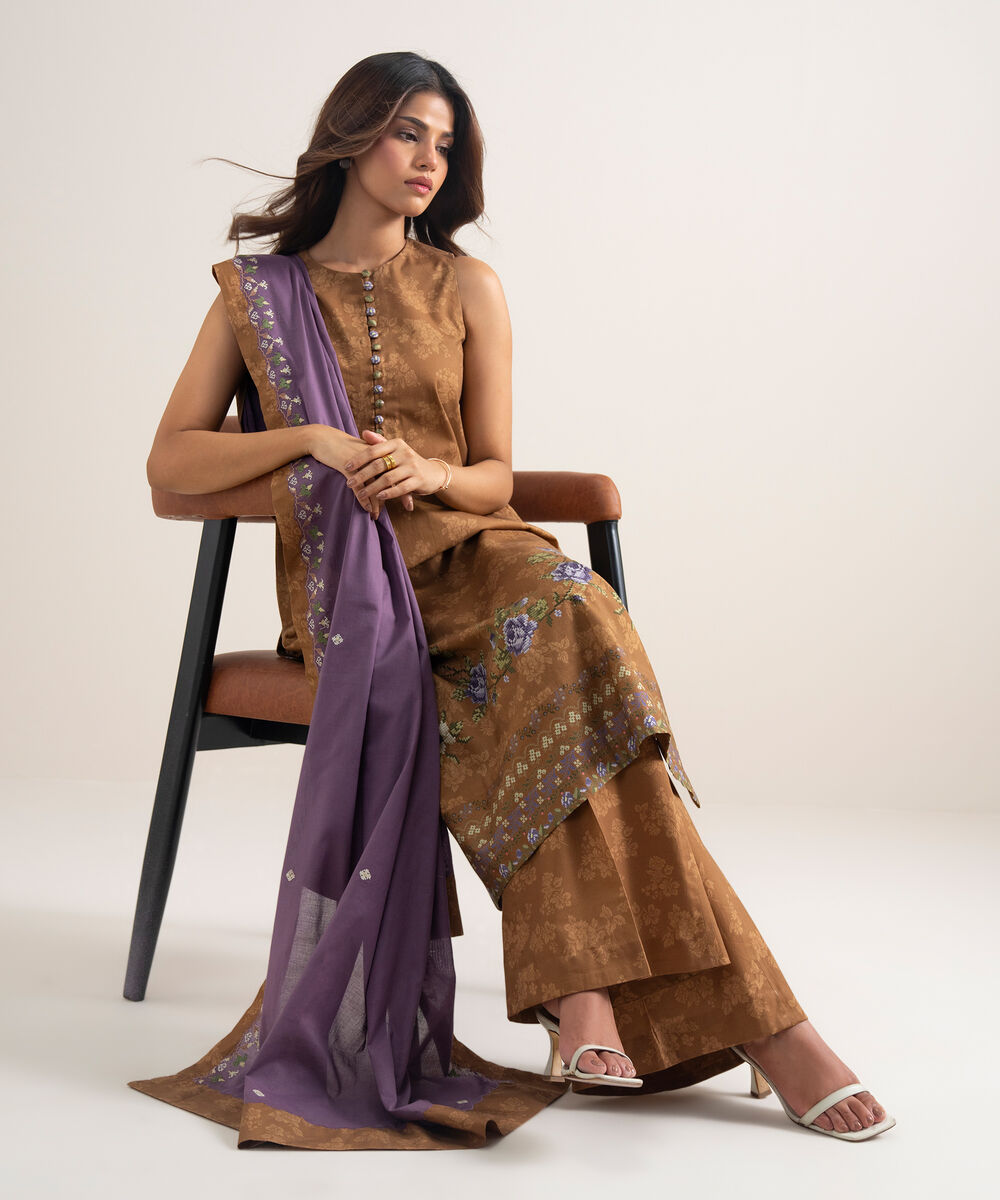 Women's Unstitched Cotton Embroidered Brown