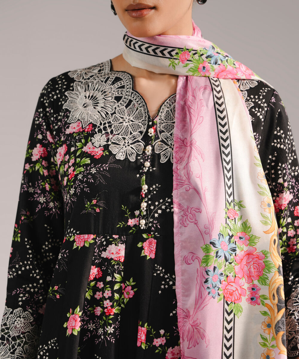 Women's RTW Cotton Satin Embroidered Black 3 Piece Suit