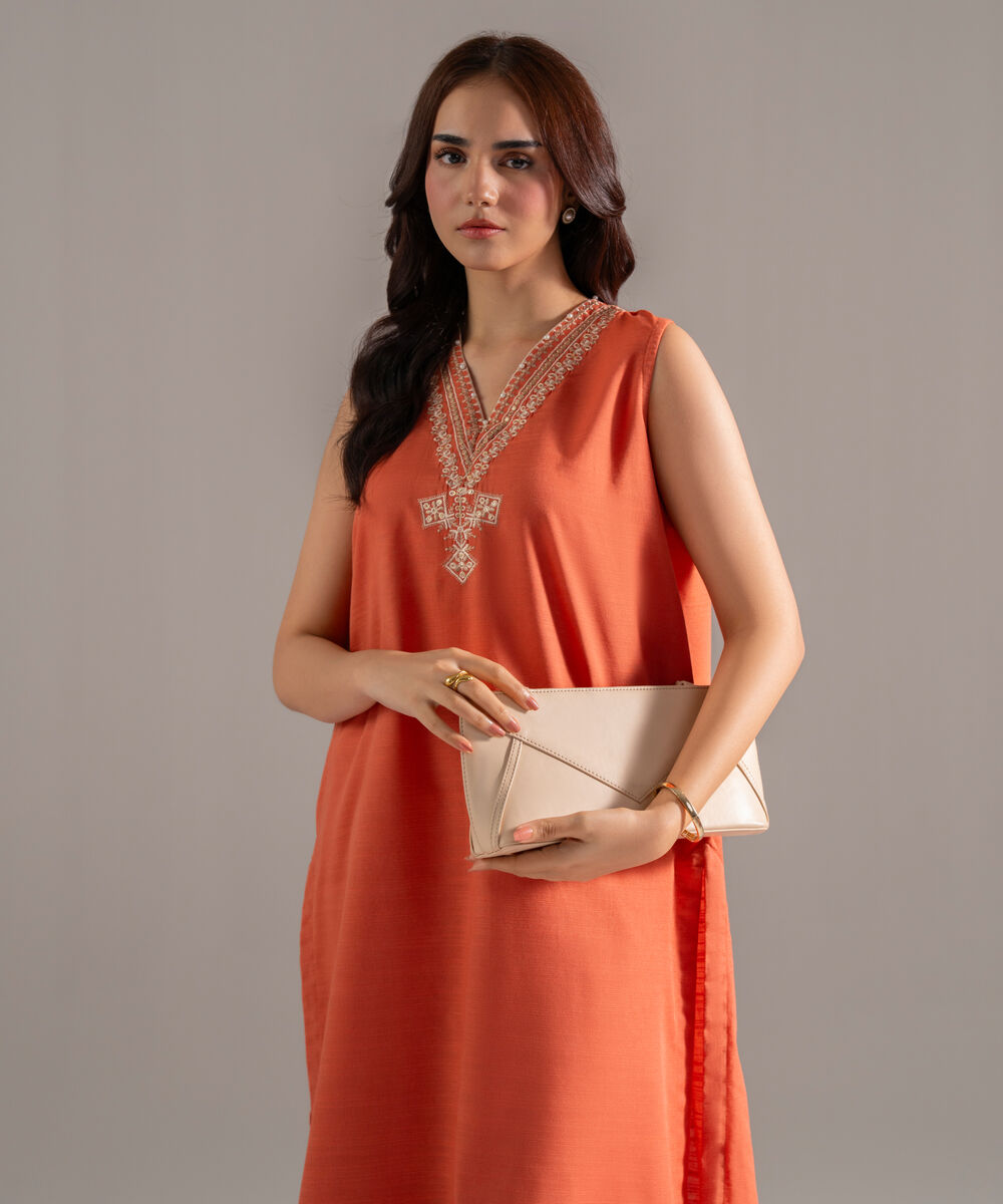 Women's RTW Khaddar Solid Embroidered Orange Straight Shirt