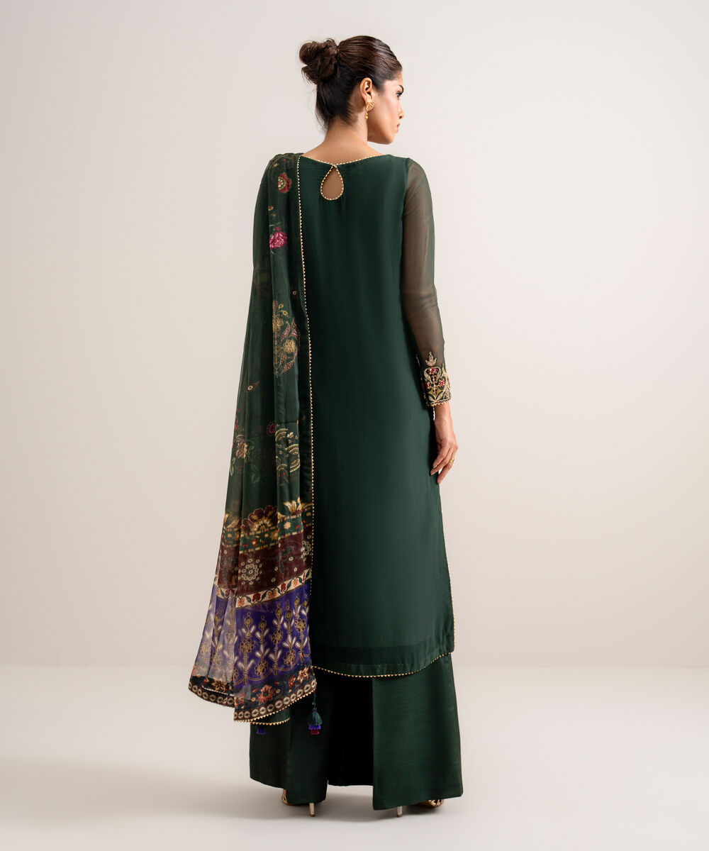Women's Unstitched Embroidered Blended Chiffon Green 3 Piece Suit