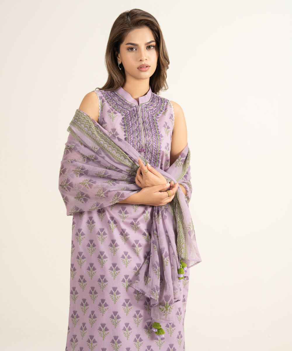 Women's Unstitched Lawn Embroidered Purple 3 Piece Suit